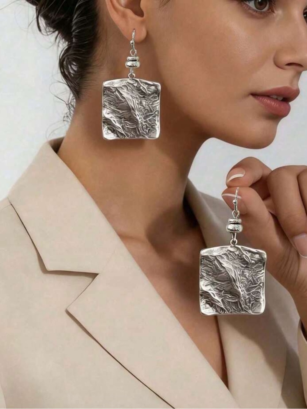 Silver Textured Square Drop Earrings - Elegant Women Jewelry